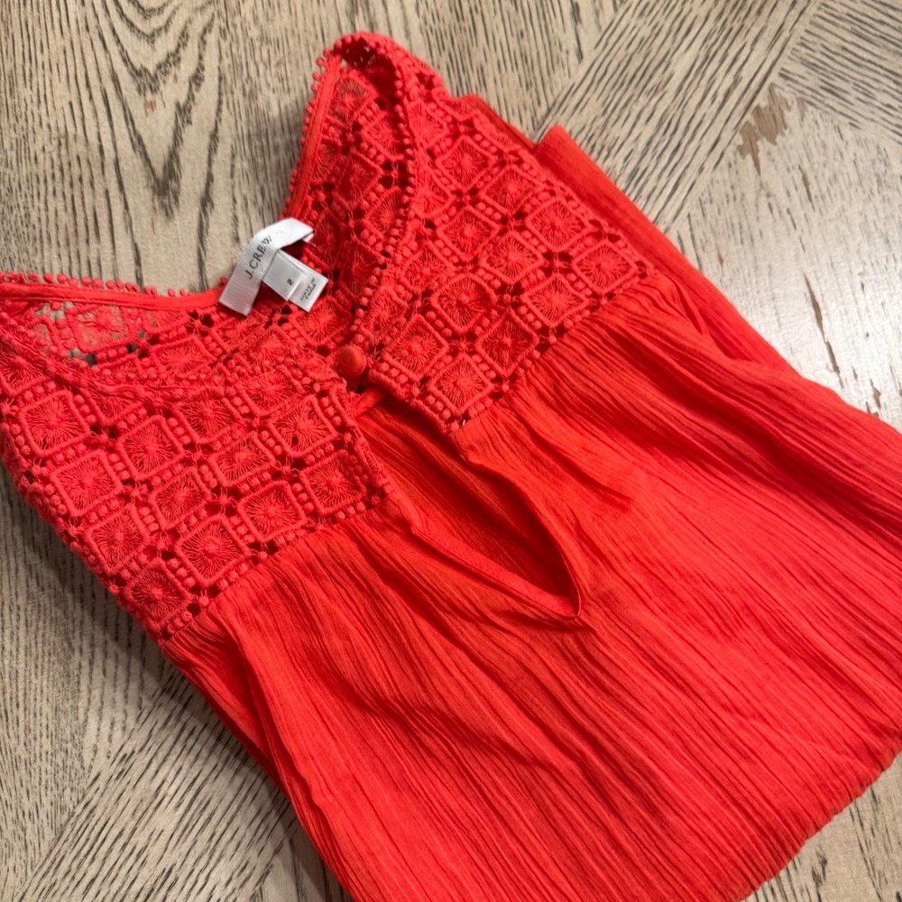 J.Crew Orange Red Crochet Lace Yoke Gauze Blouse Long Sleeve Keyhole‎ Top Size 2